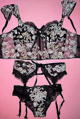 Victoria's Secret Longline 32D BRA SET+garter+XS BLACK Floral Applique Embroider • £136.59