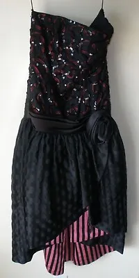 Vintage 1970s 80s MORTON MYLES Black Hot Pink Strapless Dress Ball Gown Size 8 • $34.95