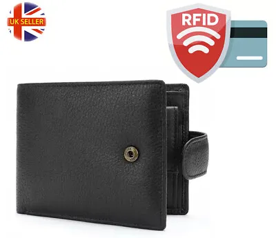 Mens RFID Blocking Soft Smooth Genuine Leather Wallet With A Security Button • £5.99