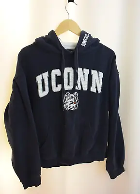 90s UConn Huskies Hoodie Size M Big Embroidered Logo Sweatshirt Blue White Vtg • $37