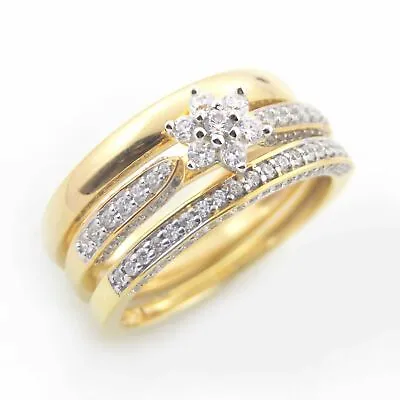 14k Yellow Gold Plated Trio Ring Set His N Her Simulated Diamond Engagement Set • $172.44