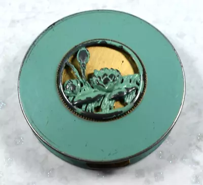 Vintage 40's Jadite Green Enamel & Brass Shadow Box Design Powder Compact 3  • $19.95