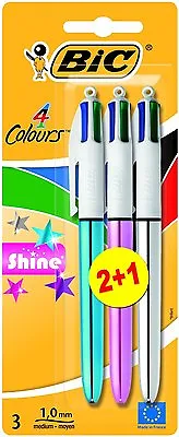 BIC 4 Multi Colour Shine Ballpoint Pen Blue Green Pink Silver Purple 3 Pack • £6.69