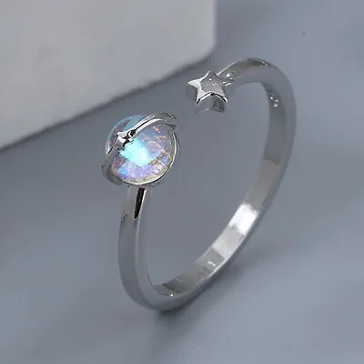 925 Sterling Silver Moonstone Star Cute Adjustable Ring Womens Girls Gifts • £3.84