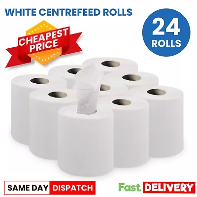 24 Rolls White Centre Feed Rolls 2ply Embossed Kitchen Hand Paper Towel Wipes • £28.99