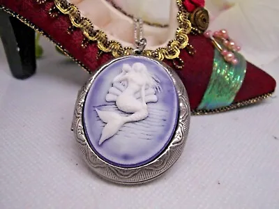 PURPLE Ocean Mermaid Shell Locket Ship Siren Nautical Beach Pill Box Cameo Sexy • $21.90