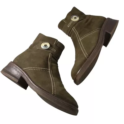 $525 LA CANDIENNE 8.5 M Boots Suede Olive Green Ankle Crepe Button • $50