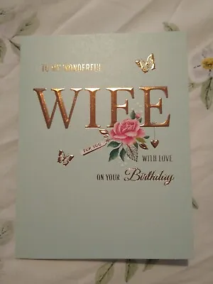 Birthday Card To My Wonderful Wife - Rose Butterflies Green • £2.15