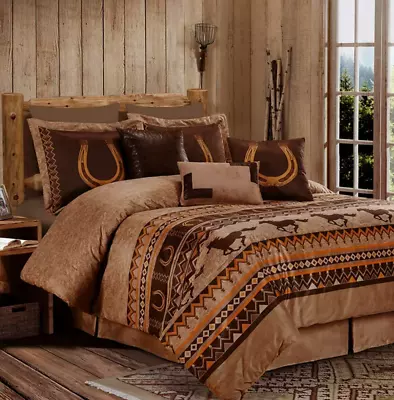 California King Brown Rust Cowboy Horse Western Faux Suede 7pc Comforter Set • $143.97