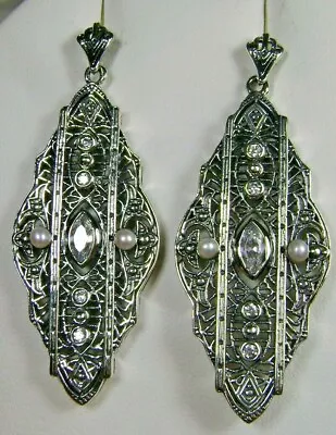 White CZ And Pearl Sterling Silver Deco Filigree Dangle Earrings E30 • $69