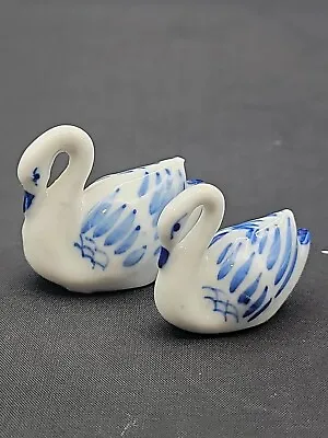 Pair Of Miniature Porcelain Swan Figurines Blue Hand Painted Pattern  • $7.90