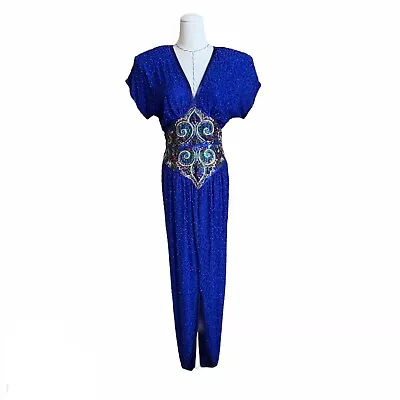 Vintage 80s Naeem Khan Riazee Beaded Blue Long Evening Gown Dress Saks Formal • $275