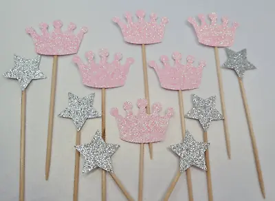 Pink Crowns & Silver Stars Cupcake Toppers Cake Decoration Princess Birthday • £3