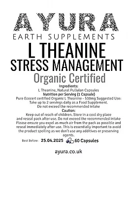 L Theanine 530mg Stress Relax Sleep Brain Capsules Supplements  AYURA • £8.99