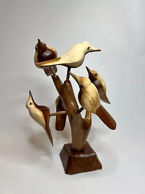 Vintage Hand-carved Wooden Tree W 7 Birds On Branches-Folk Art Treasure 10” • $24.49