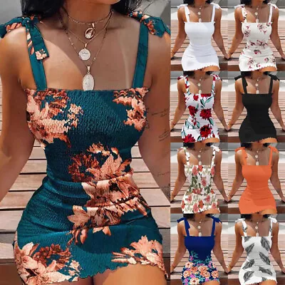 £8.39 • Buy Womens Floral Strappy Mini Dress Summer Bodycon Party Beach Stretch Dresses SIZE