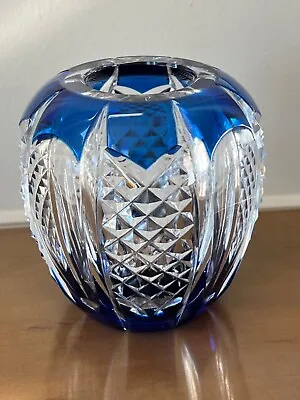 Vintage Signed Val St. Lambert Cut Glass Crystal Blue & Clear Vase 4.50  • $130