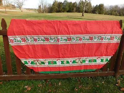 Vintage Christmas OBLONG Santa Linen Fabric Tablecloth 80X56 FREE SHIPPING • $9.99