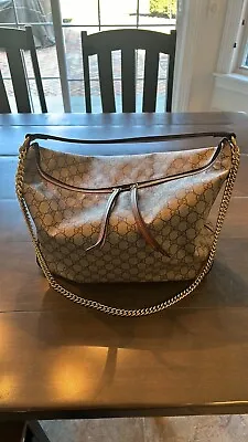 Gucci 477324 GG Supreme Monogram Canvas Chain Hobo Shoulder Bag Beige/Brown • $950