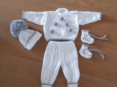 New Handknitted 4 Piece  Baby  Christmas Jumper Outfit Set Grey/ White  0-3 Mths • £18