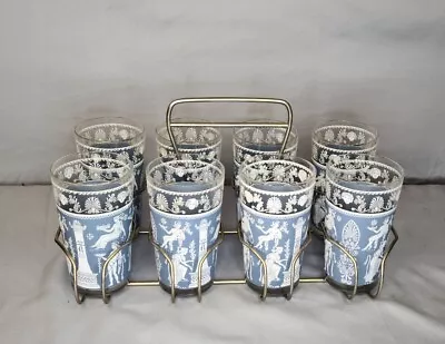 MCM Hazel Atlas Set Of 8 Glasses With Metal Holder Blue And White Greek Painted • $95