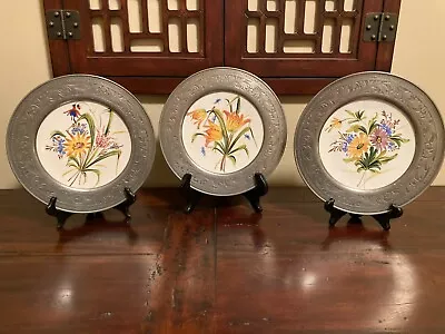 3 VINTAGE HANDGEMALT HAND PAINTED FLORAL WALL PLATES W/ PEWTER RIMS~9  Diameter • £38