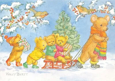 Postcard Christmas Teddy Bears Sled Anthropomorphic Molly Brett Illustrator 6x4 • $6.01