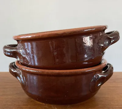 Vintage Vulcania Terracotta Pottery 6.5” Soup Bowl Crock Set/2 W/Handles Italy • $24.95