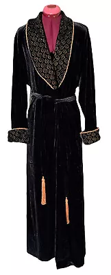 Vintage Diamond Tea L Velvet Long Robe Gold Satin Black Embroidery Belt Union • $79