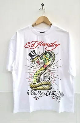 Ed Hardy T Shirt NYC Rattler Print Mens T-Shirt White Rare Sample Size Medium • £49.95