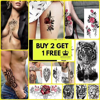 Festival Temporary Tattoos Womens Men Fake Skin Sticker Flower Tiger Leg Arm • £2.99