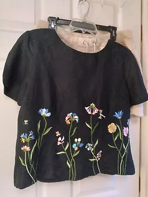 MELISSA HARPER M.H.M. Top Blouse Size  Black Embroidered Linen & Rayon EUC • $22