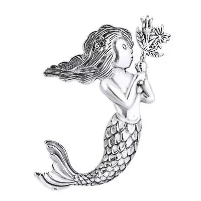 Rare Large Mermaid Holding Flower 14K White Gold Plated Slide Pendant Necklace • $154.09