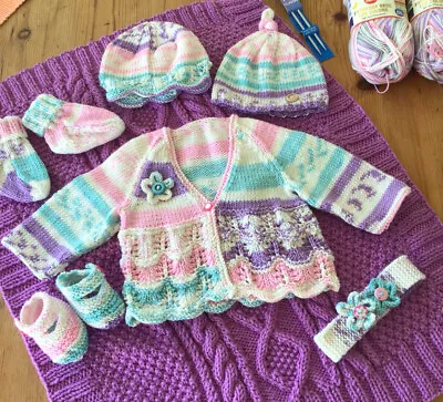 Knitting Kit Baby Layette Set Cardi Hats Boots Yarn Pattern Buttons FREE NEEDLES • £15