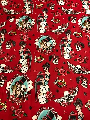 Sexy Women Steampunk Roses Gothic Skulls Gambling Cards Dice On Red Fabric BTHY • $6.95