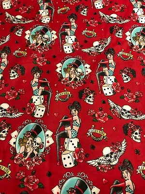 Sexy Women Steampunk Roses Gothic Skulls Gambling Cards Dice On Red Fabric BTY • $11.75