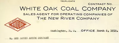 1913 White Oak Coal Company Contract Billhead Washington DC Richmond VA • $17.50