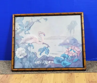 Vintage Midcentury Large Flamingo Print In Bamboo Frame 30 X 24 • $165