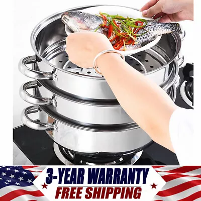 3 Tier Steamer Hot Pot Stainless Steel Cooker Steam Pot Food Cooking + Glass Lid • $40