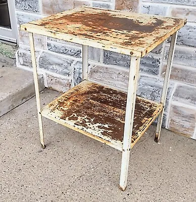 Vintage Antique Shabby Rusty White Metal Industrial 2 Tier Shop Work End Table • $99.99