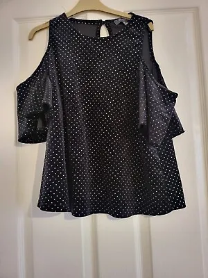 Ladies Black PRIMARK Short Cold Shoulder Sleeve Velvet Beaded Top  - Size 10 • £1.75