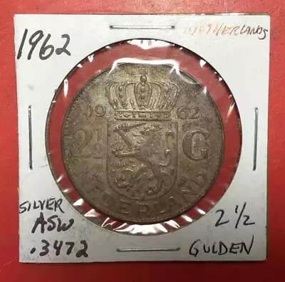 1962 Netherlands SILVER 2 1/2 Gulden! Old Coin! Larger Than A US Half Dollar! • $0.99