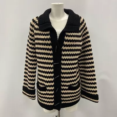 Jaeger Cardigan Womens Size UK 12 Black White 100% Wool Knitwear RMF53-CAP • £7.99