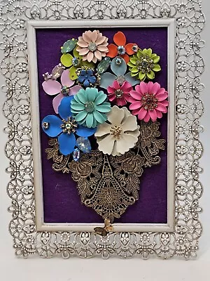 Framed Jewelry Art  Mixed Media Vintage Style Contemporary Floral Cottagecore  • $65