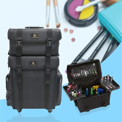 Rolling Train Case 2 In 1 Professional Cosmetic Makeup Travel Bag Artist Storage • £149.93