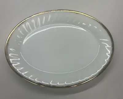 Fire King 9x12” Oval Platter Swirl Milk Glass Gold Trim Anchor Hocking • $9