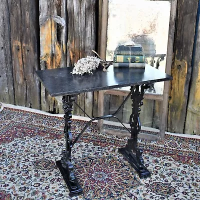 Antique Black Grey Mottled Marble Topped Cast Iron Outdoor Garden Console Table • £495