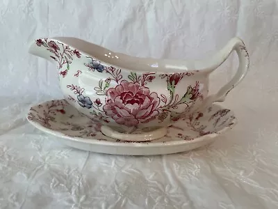 Vtg 1950s Johnson Brothers England Rose Chintz Gravy Boat W/Underplate EUC • $28.95