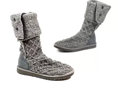 Ugg Australia Lattice Cardy Knit Boots 3066 Gray Button Tall Women's Size 8 • $25.19