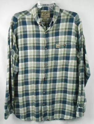 Realtree Mens Size L Green Plaid Flannel Cotton Button Up Shirt • $15